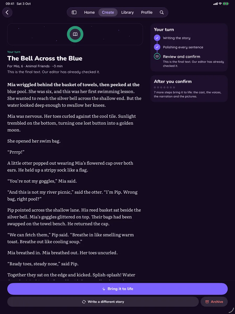 The draft of a story in the Booklly app, with buttons to bring it to life, ask for a different story or archive it.