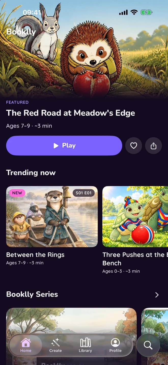 The Booklly app's home screen, with a featured story and rows of covers.