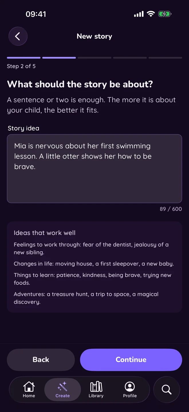 The Booklly app asking what the story should be about, with a short idea typed in.