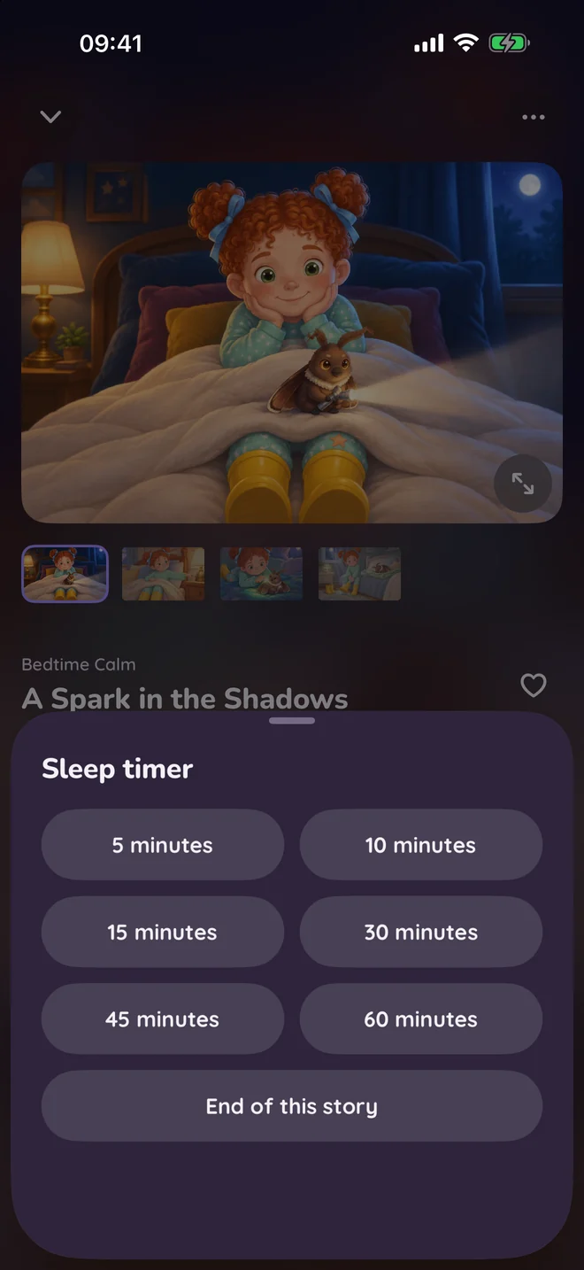 The sleep timer in the Booklly app, with a list of times to choose from.
