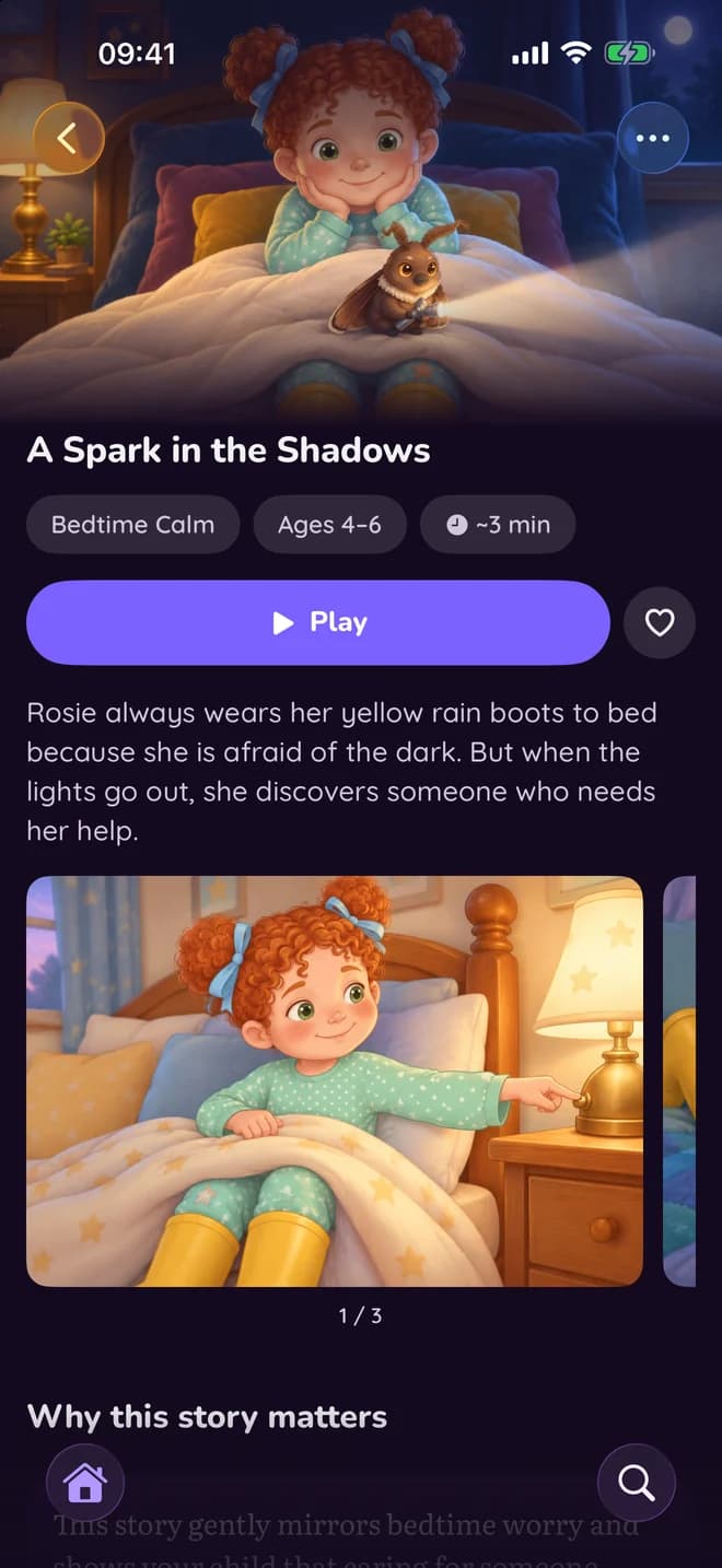 A story's page in the Booklly app, with its cover, a play button and the pictures of its scenes.