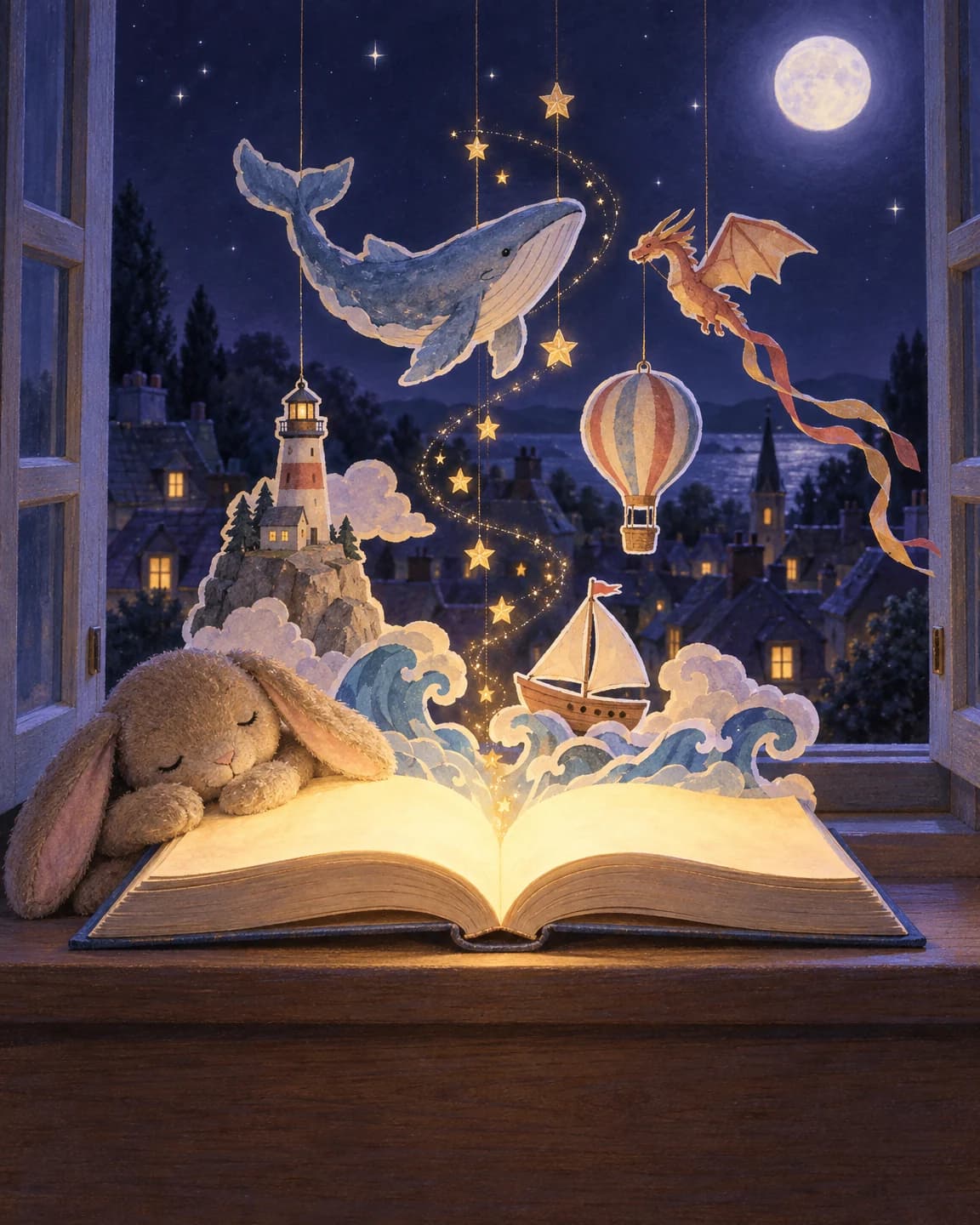 A picture book lies open on a windowsill at night, and out of its glowing pages rise paper cut-outs on threads of light: a lighthouse, a sailing boat on curling waves, a whale, a hot-air balloon and a dragon kite, while a toy rabbit sleeps against the book.